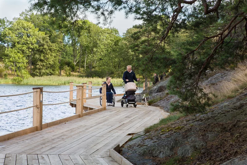 Kvinna i rullstol och man med barnvagn färdas på Artipelags strandpromenad.