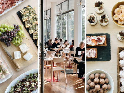 Three-panel image: Left: Charcuterie and cheese board. Center: Diners in a restaurant. Right: Assorted desserts and pastries.