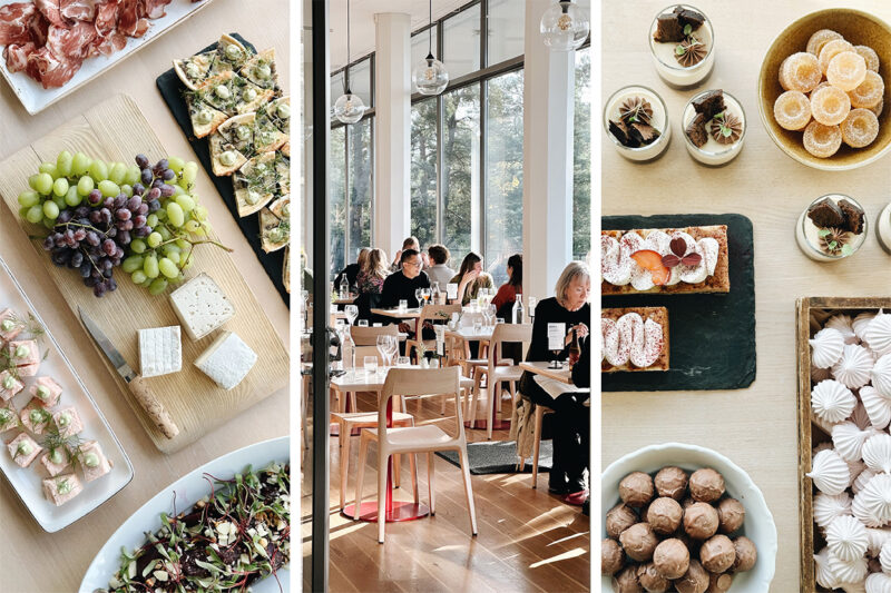 Three-panel image: Left: Charcuterie and cheese board. Center: Diners in a restaurant. Right: Assorted desserts and pastries.