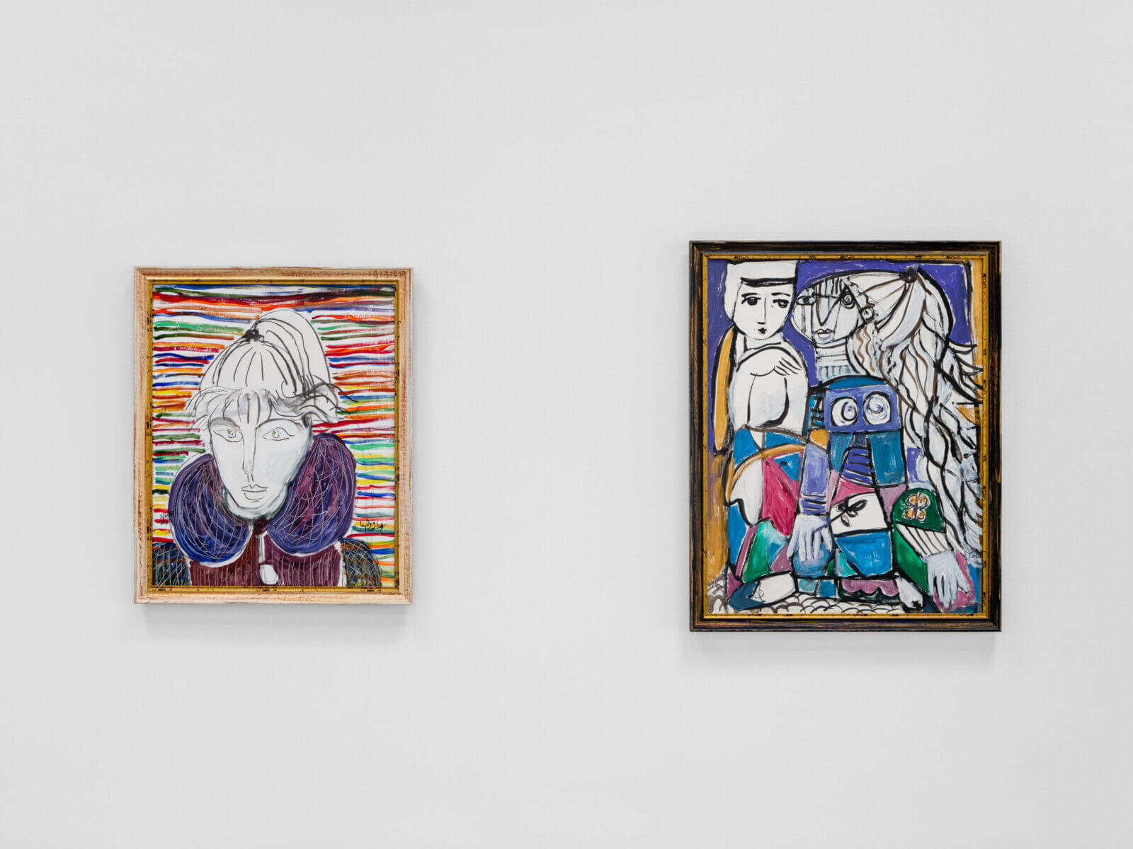 Två verk av Lydia Corbett. Lydia Corbett, född Sylvette David, In memory of Toby's grey coat, 2024; The Child with Sylvette in Chicago, 2016. Courtesy of the Artist and David Simon Contemporary, UK.